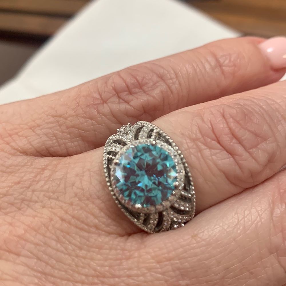 NWT JTV BELLA LUCE 7.07CTW AQUAMARINE & WHITE DIAMOND SIMULANTS RHODIUM OVER SS
